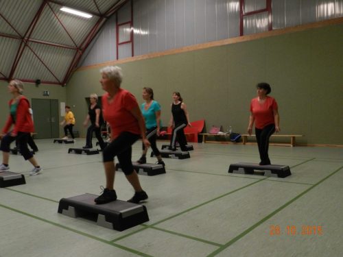 Die Bilder zeigen die Aerobic Gruppe in der Halle vor dem großen Wandspiegel