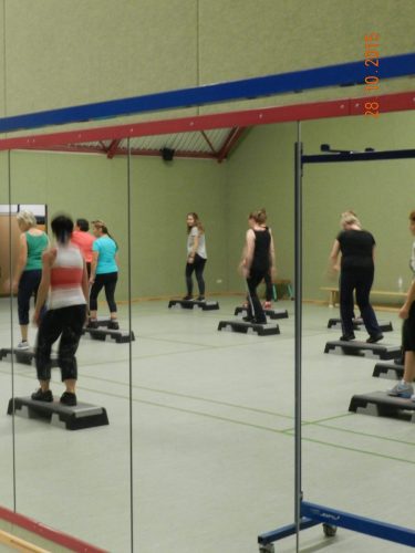 Die Bilder zeigen die Aerobic Gruppe in der Halle vor dem großen Wandspiegel